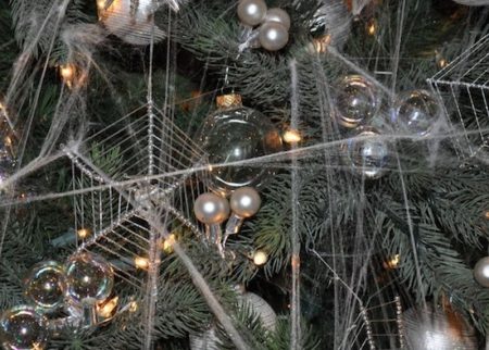 Spider web ornaments in tree